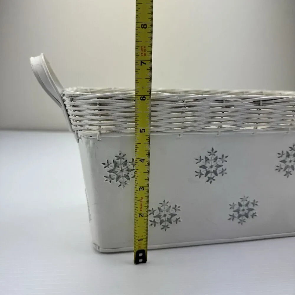 Wicker Woven Metal White Basket With Handles And Snowflakes